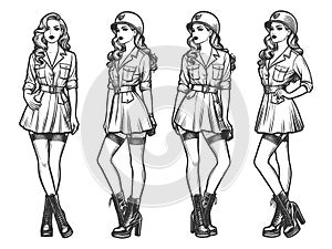 Military-Inspired Female Outfits engraving raster