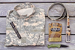 Military jacket and accessories.