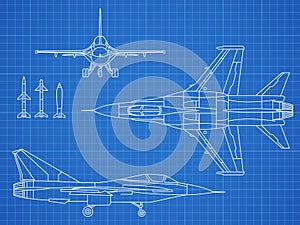 Military jet aircraft drawing vector blueprint design