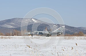 Military jet bomber Su-24 Fencer afterburner takeoff