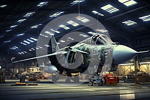 Military jet in hangar. Generate Ai