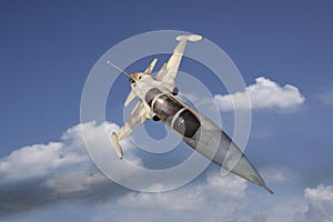 Military jet plane flying over white cloud