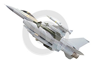 Military jet plane with full weapon missile isolated on white photo