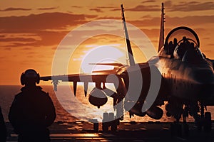 A military jet standing on a sailing navy aircraft carrier during sunset.