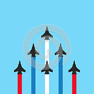 Military jets with colored trails on blue background. Plane show illustration