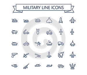 Military line vector icon set. Army outline icons. Editable stroke. 24x24 px.