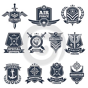 Military logos and badges. Army symbols on white background