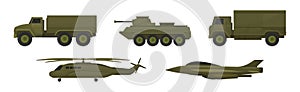 Military Machine and Armored Vehicle for Off-road Track with Aircraft Vector Set