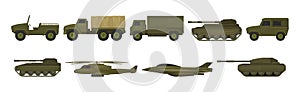 Military Machine and Armored Vehicle for Off-road Track with Aircraft Vector Set