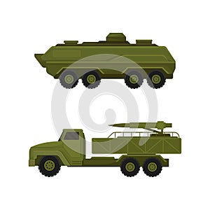 Military Machine and Armored Vehicle for Off-road Track Vector Set