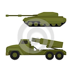 Military Machine and Armored Vehicle for Off-road Track Vector Set