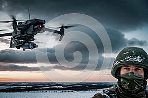 military man in a balaclava and a drone with a mine against the sky