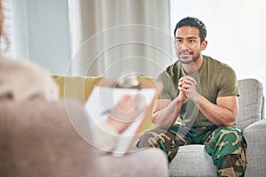 Military man, counselling and therapist for help and support for mental health. Happy, healing and army veteran with