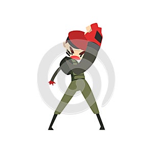 Military man fighting, soldier character in camouflage uniform and red beret cartoon vector Illustration on a white