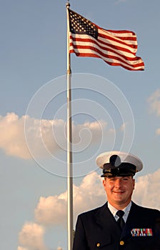 Military man and flag