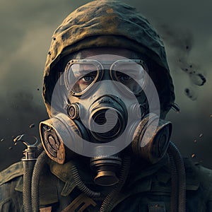 Military man in a gas mask close-up