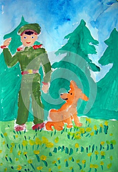 Military man and his dog - gouache painting made by child