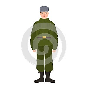 Military man of Russian armed force wearing army uniform and fur hat. Soldier or infantryman isolated on white photo