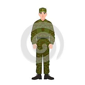 Military man of Russian armed force wearing camouflage army uniform. Soldier, conscript or infantryman isolated on white