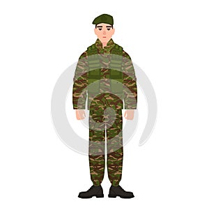 Military man or serviceman dressed in army camouflage uniform. Soldier, footman or infantryman isolated on white photo