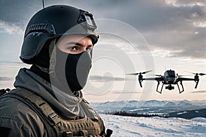 military man in uniform against the background of a drone