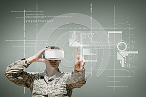 Military man in VR headset touching interface against green background with interfaces