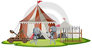 Military medieval camp with two warriors fighting