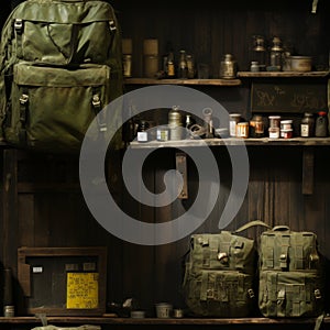 Military memorabilia collection with camouflage fabric and ration on wooden board