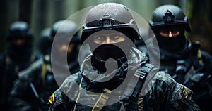 Military men wearing uniforms, balaclavas and helmets. Special forces troop. Generative AI