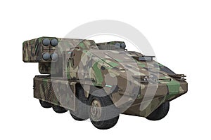 Military missile launcher vehicle with camouflage paintwork. 3D rendering isoalted on white background