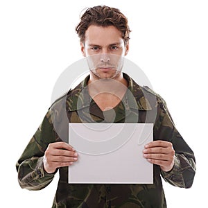 Military, mockup and portrait of man in studio for depression, ptsd or awareness on white background. Army, face or