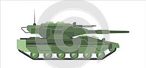Military modern camouflage tank. Heavy armored green tracked mobile vehicle with long gun machine gun long range large