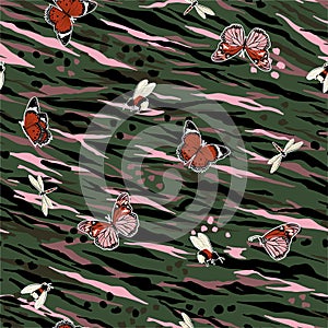 Military mood of butterflies flying on animal leopard and zebra skin hand drawn brush seamless pattern ,vector design for fashion,