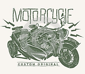 Military Motorcycle whith sidecar hand drawn t-shirt print