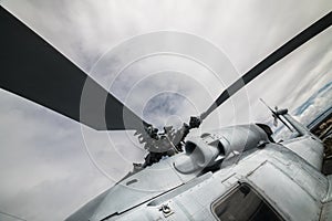 Military navi helicopter blades against blue sky photo