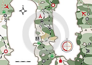 Military Navigation Map. Cartographic infographic booklet with camouflage pattern. Card layout, cartoon background photo