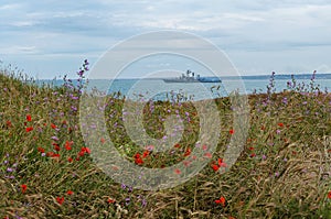 Military navy ships in a sea, battleship with Blue sky and sea.