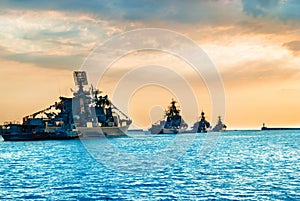 Military navy ships in a sea bay