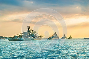 Military navy ships in a sea bay