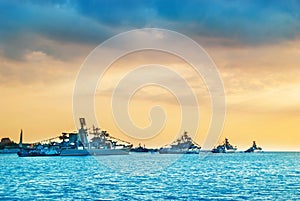 Military navy ships in a sea bay