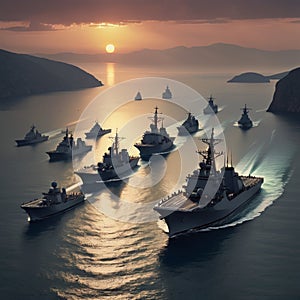 Military navy ships in a sea bay at sunset.