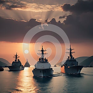 Military navy ships in a sea bay at sunset.