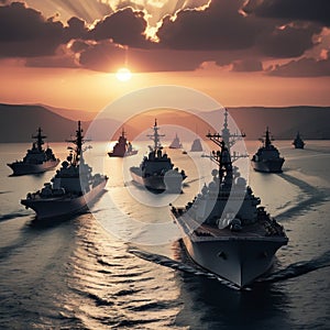 Military navy ships in a sea bay at sunset.