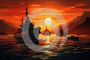 Military navy ships in a sea at sunset. Generative AI