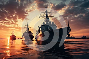 Military navy ships in a sea at sunset. Generative AI