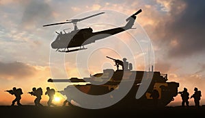 Military operation with helicopter and tank support