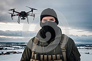 military operator with a reconnaissance drone in the background