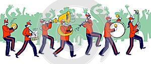 Military Orchestra Characters Wearing Festive Red Uniform and Hats with Plumage Playing Trombone