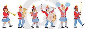 Military orchestra children character marching playing music instrument