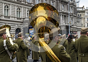 Soldiers march with trumpets during the 15 March parade in Budapest, Hungary.